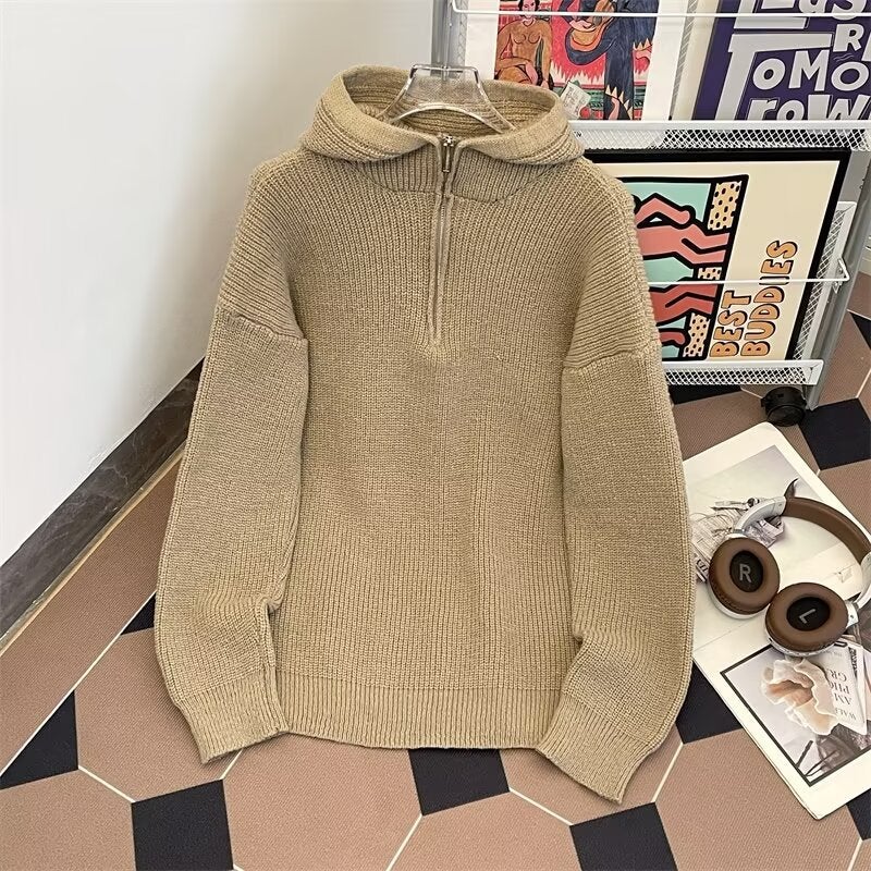 Lazy Style Hooded Sweater Men'S Solid Color Simple All-Match Loose Casual Sweater Jacket Top - Image 4